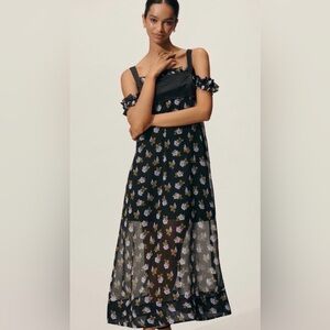 Anthropologie Maeve Black Corset Maxi Dress Size L Romantic Sheer Overlay